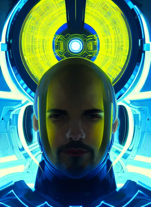 Image similar to symmetry!! portrait of a man, sci - fi, tech wear, blue and yellow glowing lights!! intricate, elegant, highly detailed, digital painting, artstation, concept art, smooth, sharp focus, illustration, art by artgerm and greg rutkowski and alphonse mucha