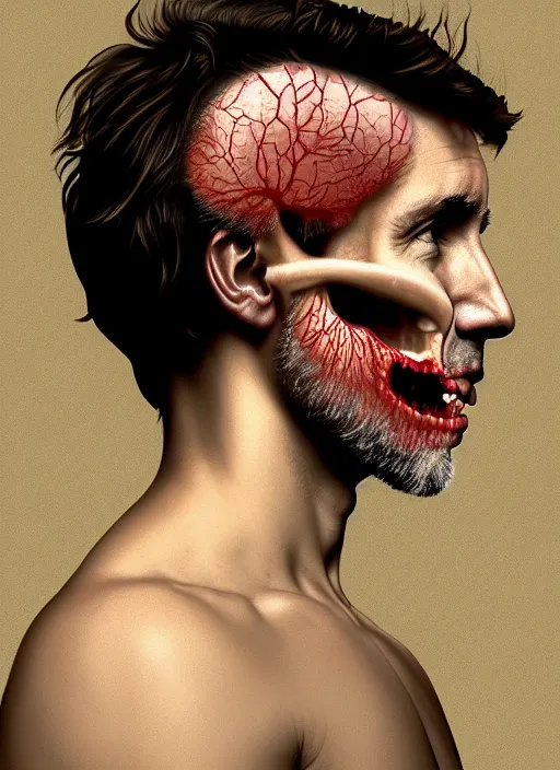 Prompt: a profile portrait of justin trudeau with translucent skin, visible cranial cavity, opening in skull, zipper, inside head cobwebs, dust and rats, digital art, highly detailed, by david cronenberg, raphael, caravaggio