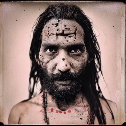 Image similar to realistic exposed polaroid film portrait of aghori sadhu covered in ash, hyperrealism, hypermaxiymalism, photorealistic, detailed, atmospheric, 8 k, award winning photography, cinematic