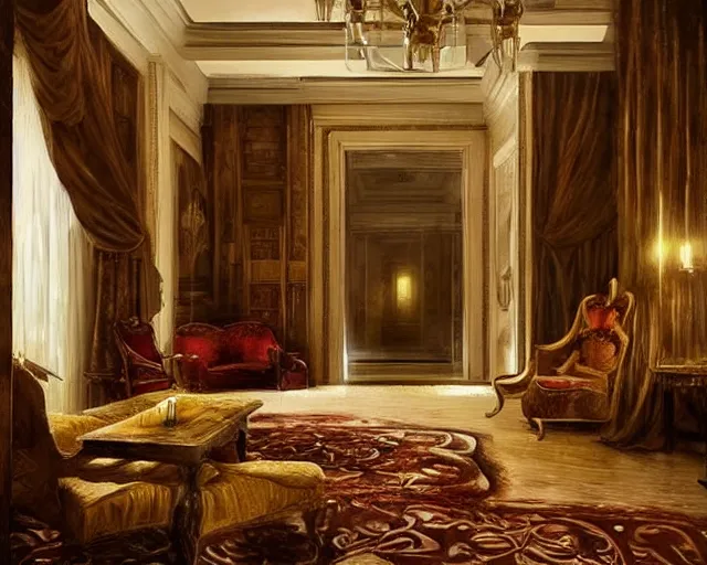 Image similar to a 5 star hotel suite room in the style of renaissance florence, art by greg rutkowski and artgerma, stunning concept art, interior design