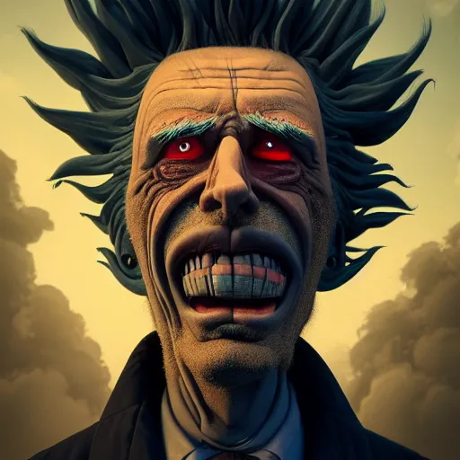 Image similar to apocalyptic rick sanchez portrait with twisted ribbed face by rutkowsky and charles vess and james jean and erik jones and rhads, baroque, 3 d octane render, beautiful fine face features, intricate high details, sharp, ultradetailed