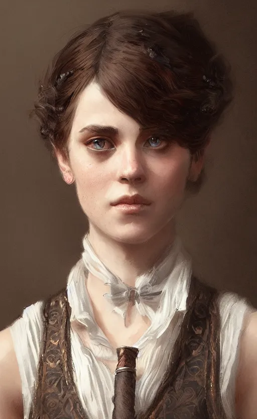 Prompt: Portrait of a victorian catgirl wearing a waistcoat, female, detailed face, victorian, highly detailed, cinematic lighting, digital art painting by greg rutkowski