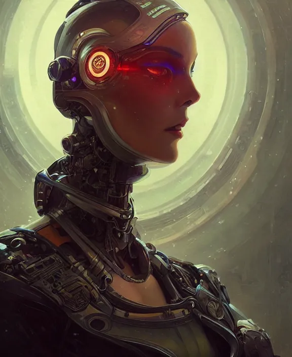 Prompt: portrait of a cyberpunk robot, half body, d & d, fantasy, intricate, elegant, highly detailed, digital painting, artstation, concept art, art by artgerm and greg rutkowski and alphonse mucha
