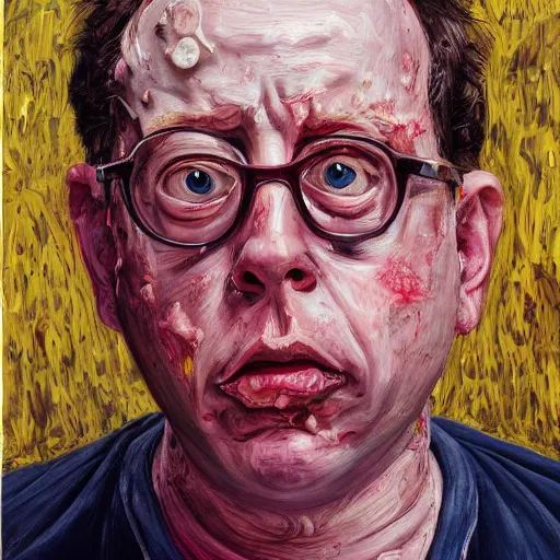 Image similar to high quality high detail painting of todd solondz portrait, sad, showing strong repulsion, pain, no fun ; full of sorrow, by lucian freud and francis bacon, hd, photorealistic lighting