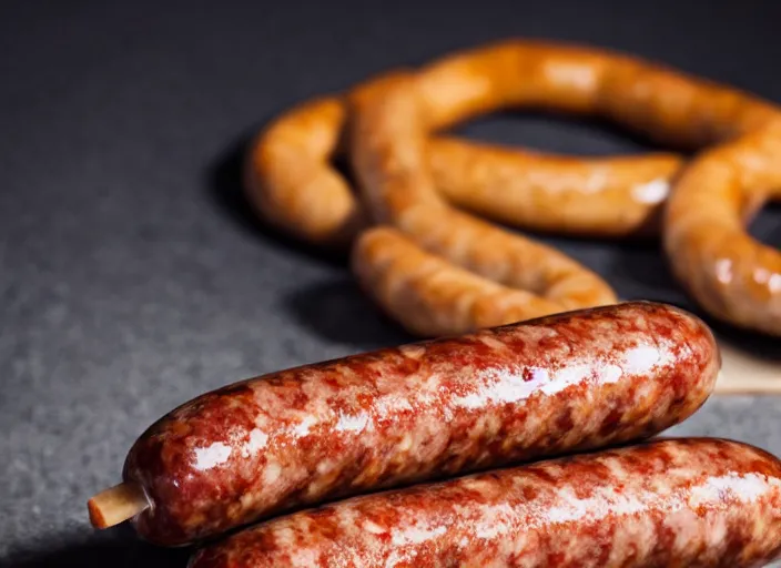 Image similar to A sausage eating a sausage. close up food photography, studio lighting, Sigma 35mm f/1.4