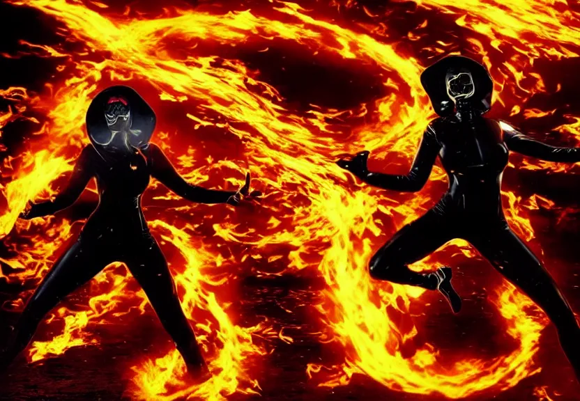 Prompt: low angle shot of a Woman made of black flames, wearing a strict business suit, with no face, with no mouth, with glowing red eyes, with a red halo over her head, with red halo, in an action pose, fiery waves around her, surrounded by war, authoritarian, tense, madness combat, strong dramatic cinematic lighting , blood red sky, harsh dark clouds, grey skin, smooth, sharp focus, extremely detailed, illustration, digital painting, artstation, sharp focus, by Godmachine and Annie Swynnerton and Nicholas Roerich