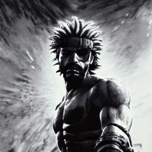 Image similar to snake from metal gear solid dressed as afro samurai, 35mm grainy film photography