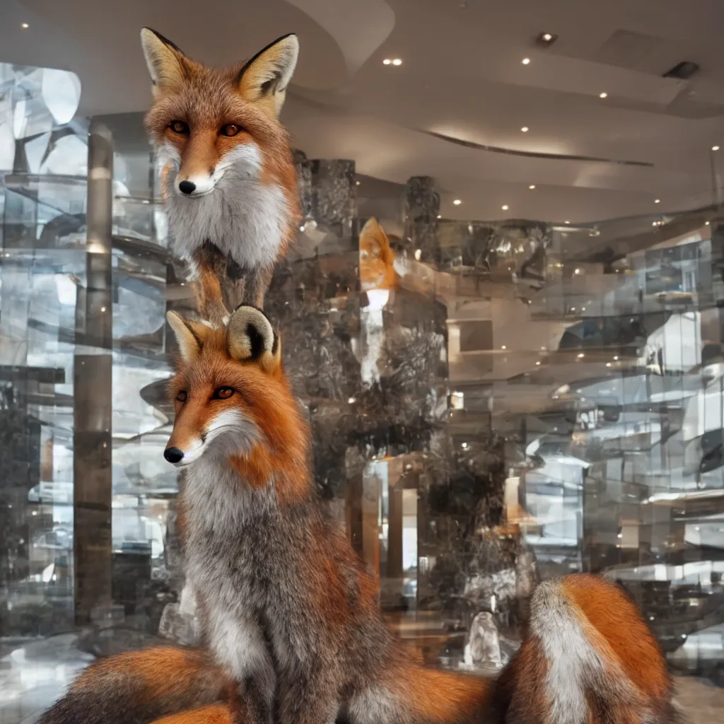 Image similar to anthropomorphic fox in suit sitting in the lobby of a futuristic hotel, anthro, furry