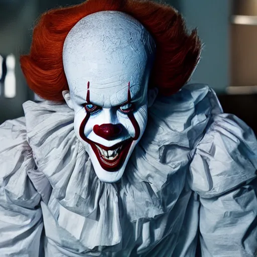 Image similar to a face and body photograph of pennywise dressed as a doctor in a hospital, with a lab coat, with a stethoscope, hyperdetailed, intricate, dramatic, horror movie, movie still, 4 k realistic, volumetric lighting, sharp focus