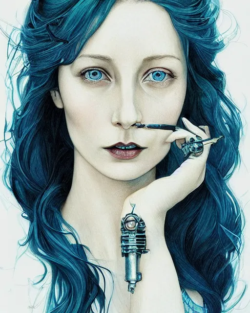 Image similar to in the style of joshua middleton, artgerm, beautiful caitriona balfe, steampunk, full body, blue dress, elegant pose, middle shot, spooky, symmetrical face, symmetrical eyes, detailed realisitc eyes, detailed realistic eyes, detailed and intricate