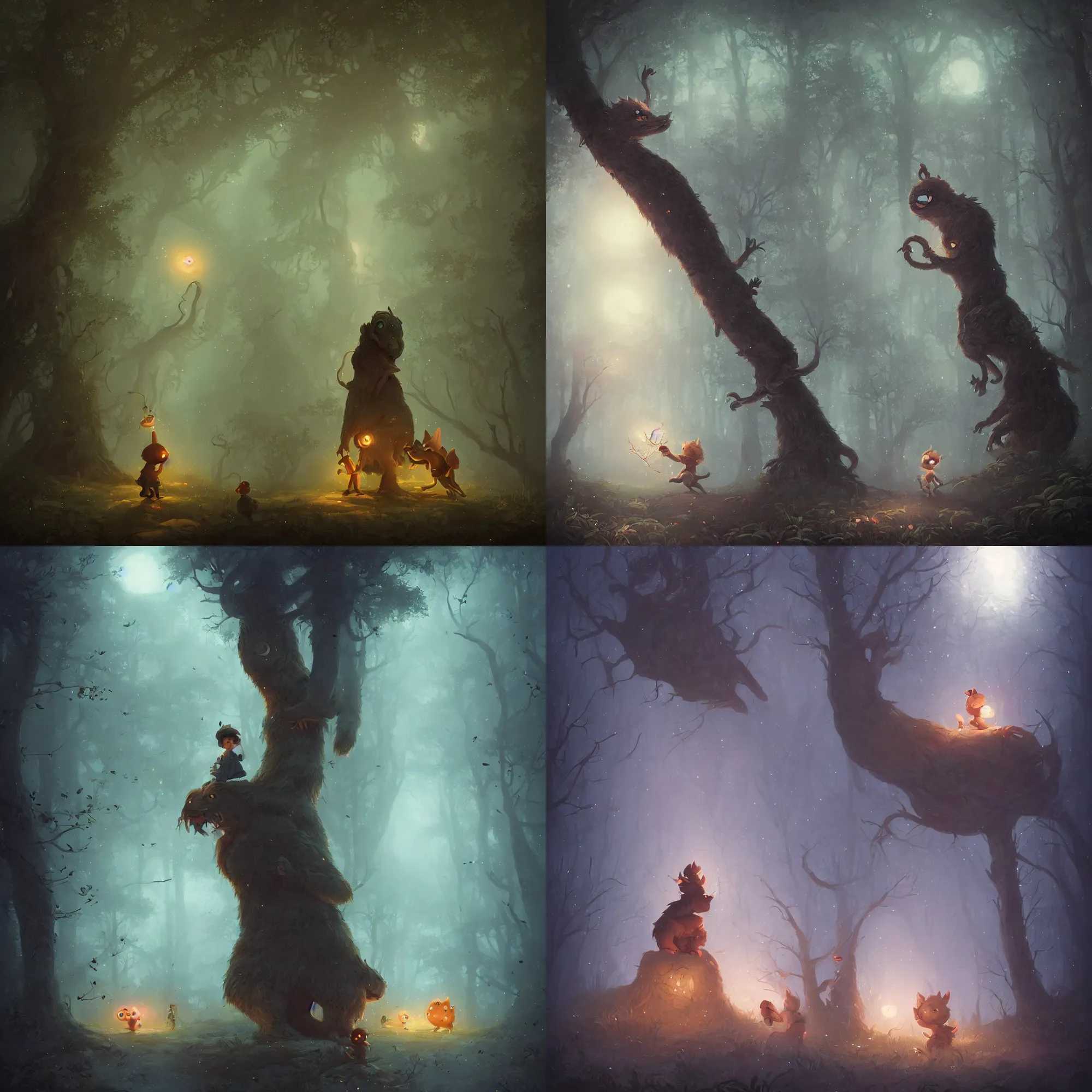 Prompt: a small boy leaning on a tree encounters a giant furry one - eyed monster in a misty moonlit forest, painting by peter mohrbacher. surrounded by fireflies, cinematic lighting, cgsociety, artstation