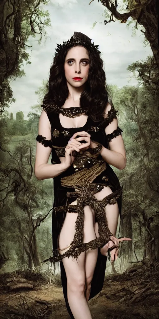 Prompt: An black velvet medium shot portrait of Alison Brie as an ancient princess with gothic woods in the background by Edgar Leeteg