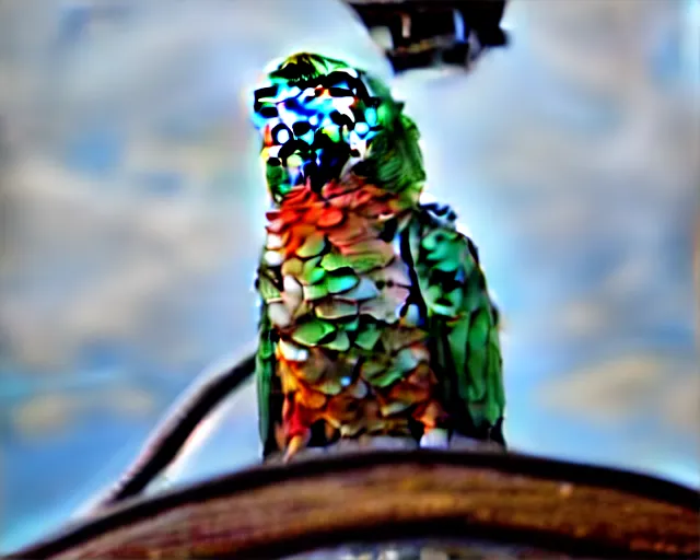 Image similar to low angle photo of a parrot on a pirate ship, rule of thirds, depth of field