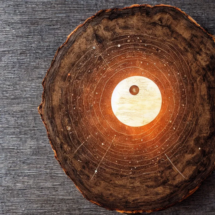 Prompt: wood engraving of a solar system burned into a slice of log, on a white background