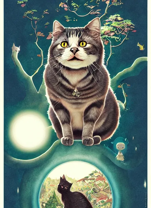 Image similar to a hyper realistic ink cat and the meaning of life and sunbeams blue sky, lush forest poster art by chiara bautista and kim jung giu and norman rockwell and greg rutkowski weta studio, and lucasfilm