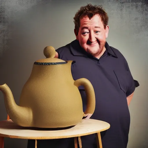 Prompt: johnny vegas making a very large teapot, sitting on a ladder, art school, studio, photorealistic