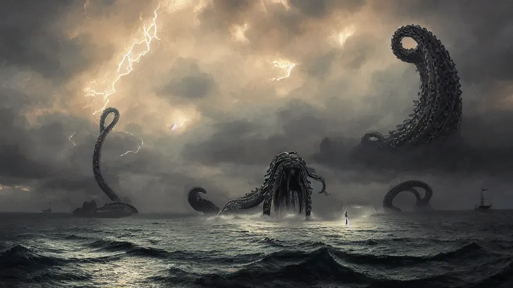 Prompt: small boat in foreground, giant big kraken in the background, lightning in background, intricate, detailed, volumetric lighting, sharp focus, scenery, digital painting, highly detailed, concept art, ruan jia, steve mccurry