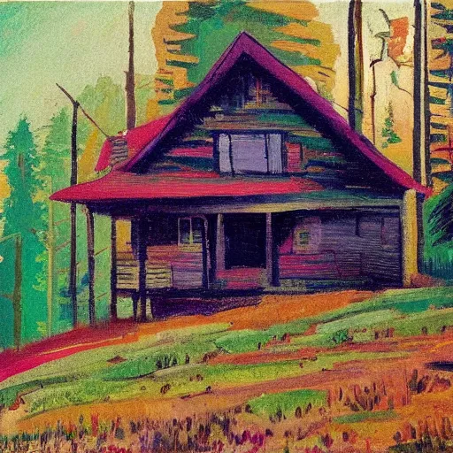 Prompt: the cabin in the woods, in the style of gifford beal,