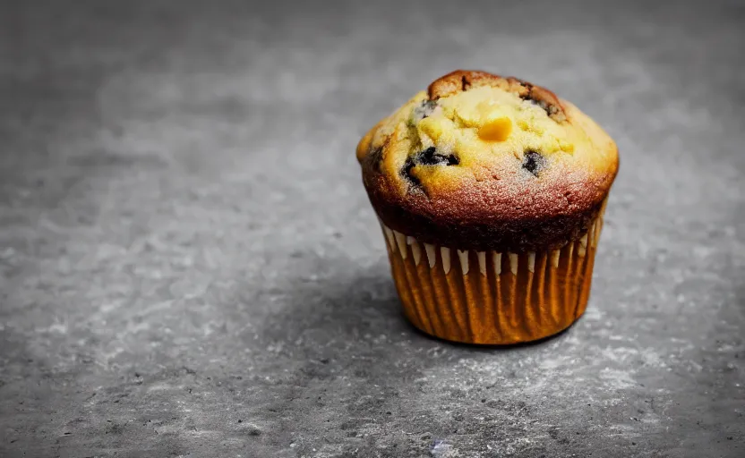 Prompt: a muffin, on glass, photography