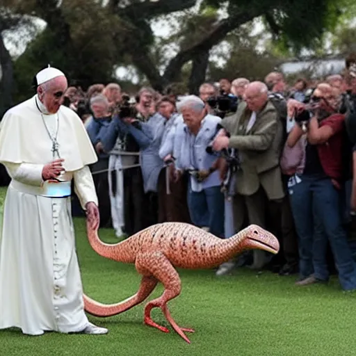 Prompt: pope Francis in colonial gear petting a velociraptor