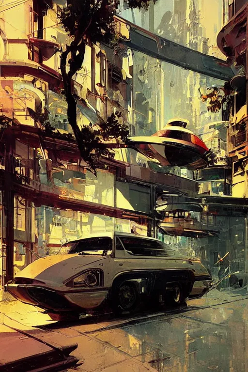 Prompt: very steep hill, retro future city, shops, futuristic vehicle, syd mead, john berkey, jeremy mann, 5 0 s pulp