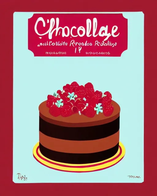 Prompt: chocolate cake with raspberries and floral frosting decorations, by tom whalen