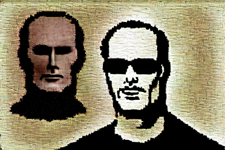 Prompt: steve austin, the six million dollar man with the bionic eye, a portrait image at moma museum, hard lighting, stipple brush technique