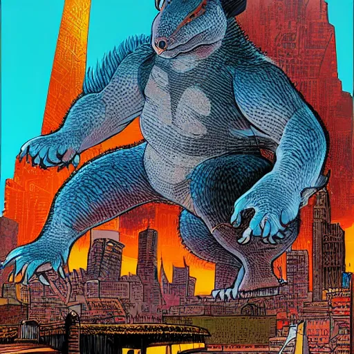 Prompt: precisely drawn illustration of giant rat the size of godzilla destroying new york city, wide angle, sharp, fine details, french comic style, vibrant realistic colors, full color, heroic fantasy, intense line art, 8 k, precise linework, realistic, in the style of heavy metal comics and richard corben and moebius