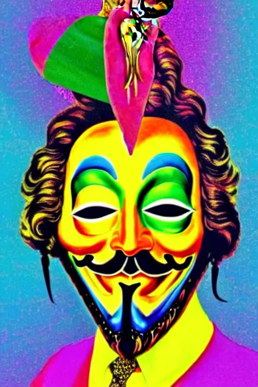 Image similar to guy fawkes mask, lisa frank + salvador dali,