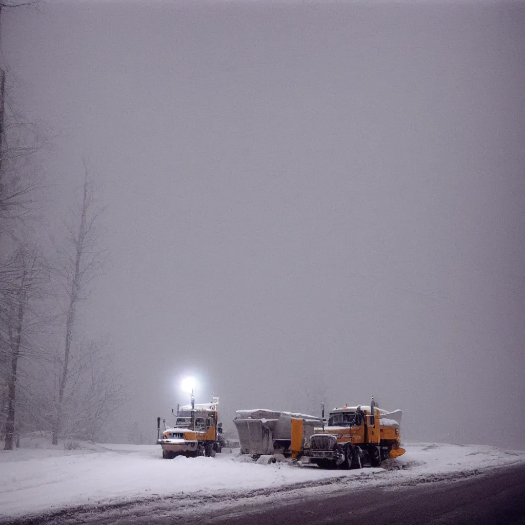 Image similar to photo, big snow plow truck is in the distance with a bright headlighta. cold color temperature, snow storm. hazy atmosphere. humidity haze. kodak ektachrome, greenish expired film, award winning, low contrast,