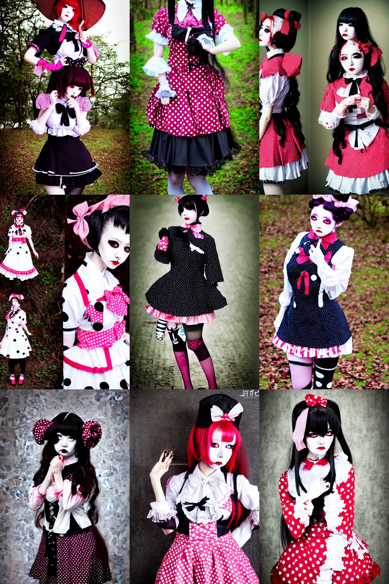 Prompt: Zombie lolita model wearing fashion, agura kei, shironuri, polka dot, haori, uniforms, bunka dolls, fashion photograpy