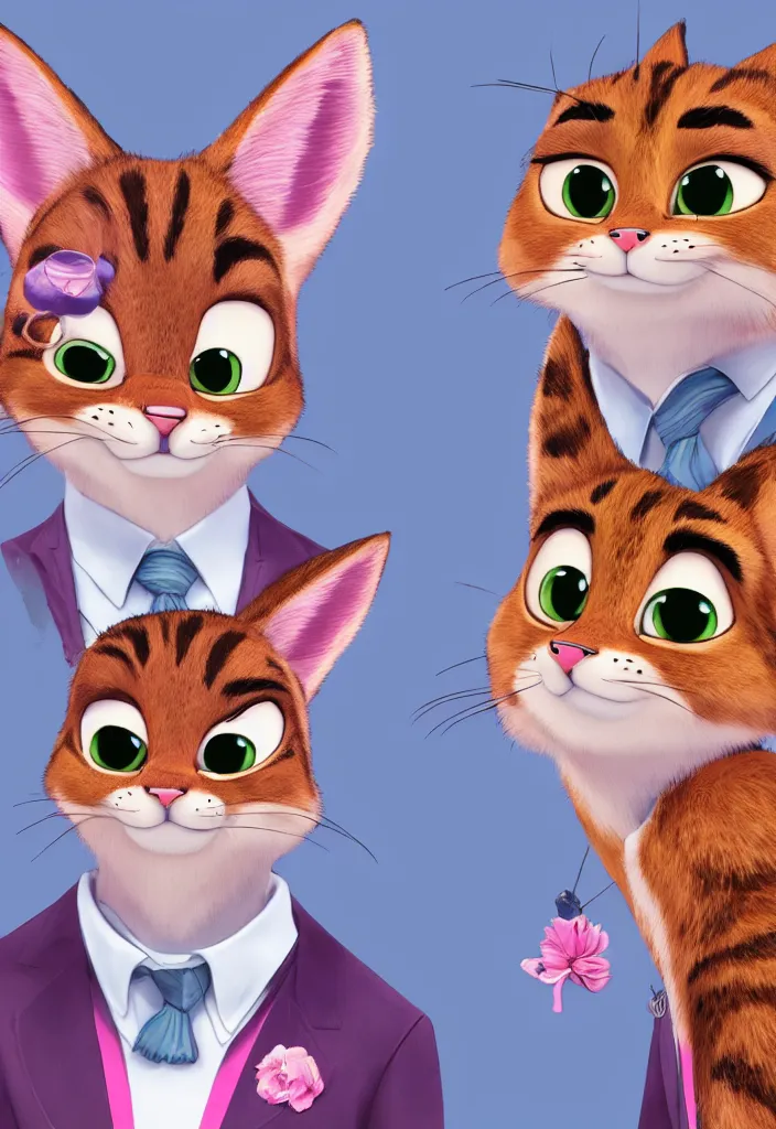 Image similar to portrait of tabby cat in the style of the movie zootopia wearing a pink tuxedo, 4k, digital art, award winning