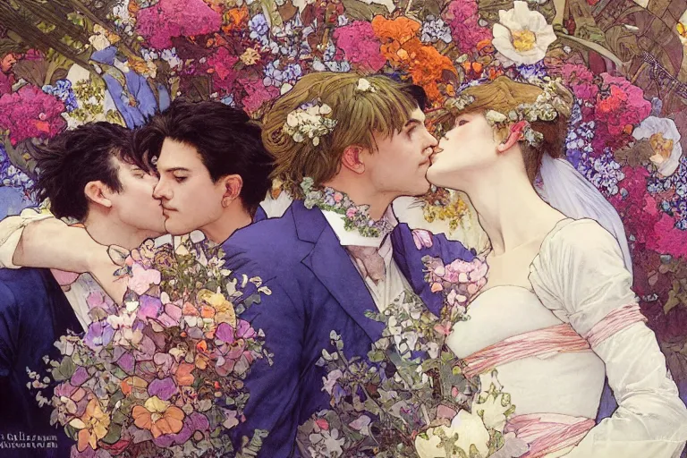 Image similar to the groom kisses the bride at a wedding full of flowers, bright and happy, dreamlike art, highly detail, 4 k realistic, wedding photoy krenz cushart. artem demura. alphonse mucha. yoji shinkawa artgerm. jon lothian. danilo torres. adi meyers. thomas reimann. gaston bussiere.