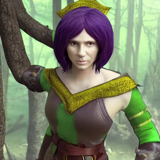 Image similar to anya charlota as a medieval fantasy elf, dark purplish hair tucked behind ears, wearing a green tunic with a fur lined collar and brown leather armor, wide, muscular build, scar across nose, one black, scaled arm, cinematic, character art, digital art, forest background, realistic. 8 k, 3 d render.