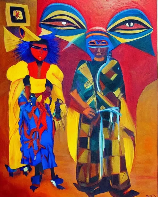 Image similar to Burkina Faso masquerade, painting by Toni Toscani, oil on canvas