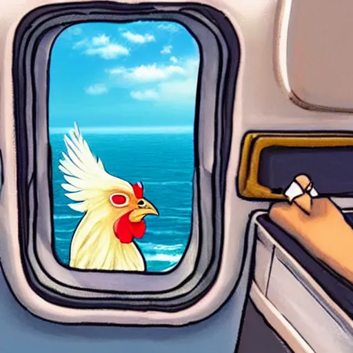 Image similar to chicken looking human on an airplane flight over the sea, realistic scene, very detailed