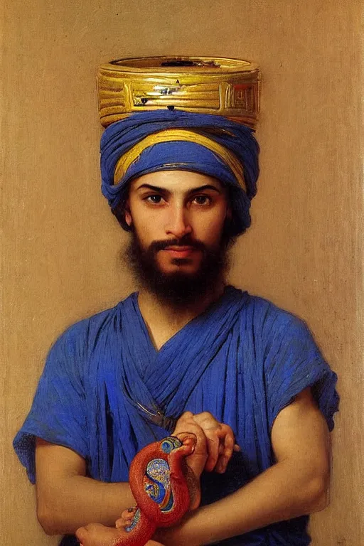 Image similar to Portrait of a young muscular Moroccan man with blue eyes, an earring and a fez hat holding a snake, orientalist, victor Nizovtsev, bouguereau