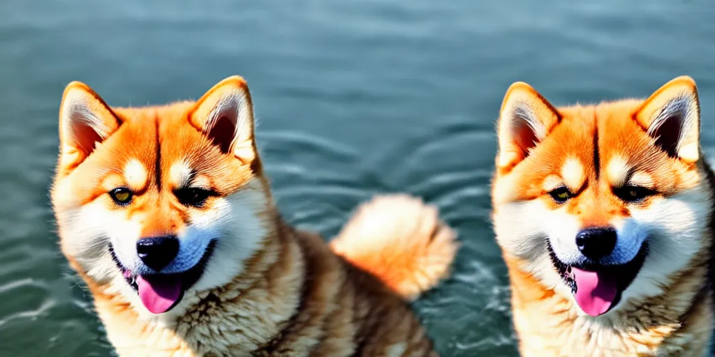 Image similar to Close up portrait of a big fluffy cat mixed with a shiba inu, award winning photograph, 50 mm lens and f/12.0, fast shutter speed of water floating in the air