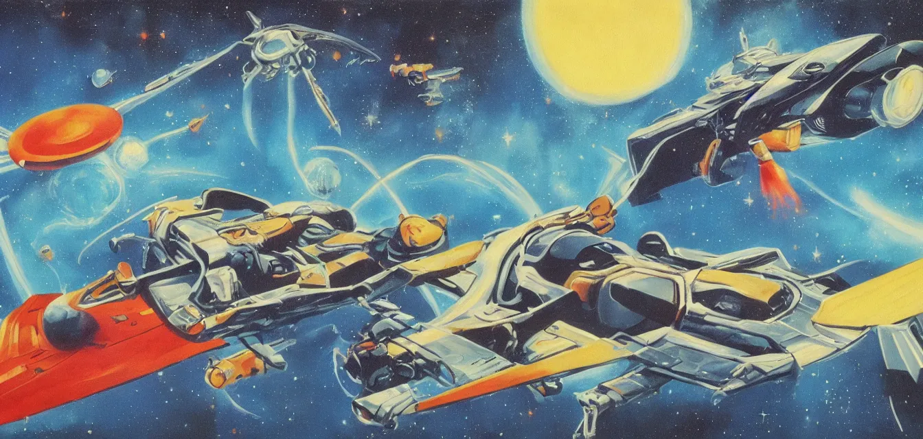 Image similar to Wizard piloting a spaceship, retro futurism painting