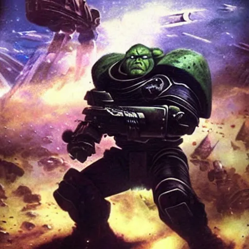 Image similar to Astartes are fighting against space orcs, huge armies, epic battle, a bunch of explosions, bullet tracers, Astartes are very well detailed, orcs are very well detailed, Photo style retro futurism art