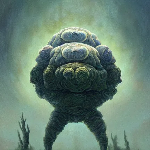 Image similar to fractal 4 th dimensional tardigrade!!! terror and horror painting tardigrade!!! descending onto an apocalyptic earth, by greg rutkowski and studio ghibli, inspired by zdzisław beksinski, cinematic, atmospheric, dramatic colors, dawn.