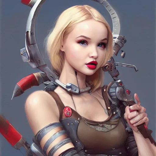 Prompt: dove cameron and taylor swift as tank girl, fantasy, portrait, highly detailed, waist up, low camera angle, digital painting, trending on artstation, concept art, sharp focus, illustration, art by artgerm and greg rutkowski and magali villeneuve