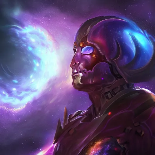 Image similar to photorealistic fantasy cosmic concept art of a cosmic nebula God in dark matter armor hovering in a unknown galaxy, fully body portrait, cinematic, dynamic lighting, ultra detailed, creative, trending on art station