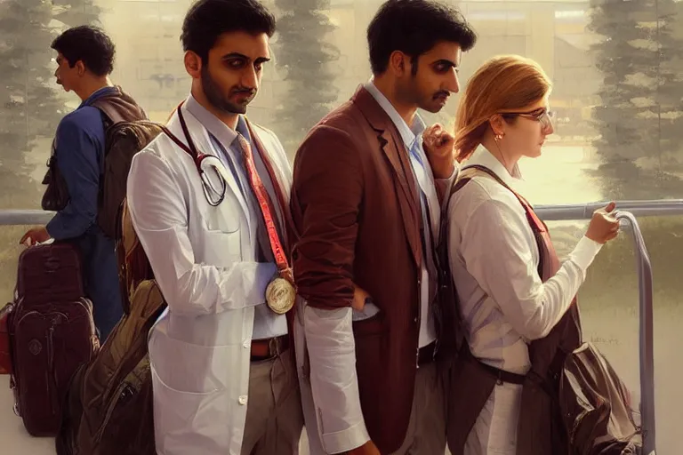 Image similar to Anxious good looking pale young Indian doctors wearing American clothes at the airport, portrait, elegant, intricate, digital painting, artstation, concept art, smooth, sharp focus, illustration, art by artgerm and greg rutkowski and alphonse mucha