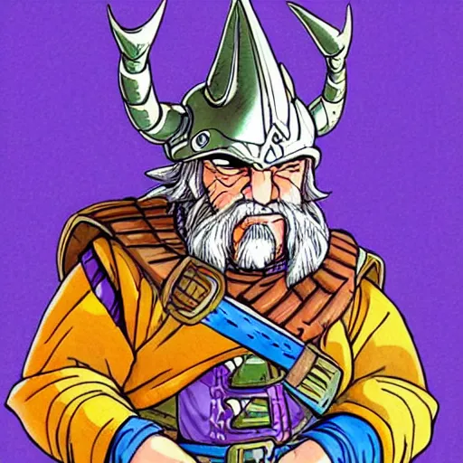 Image similar to “dnd dwarf with horned helmet, by akira toriyama, colorful”