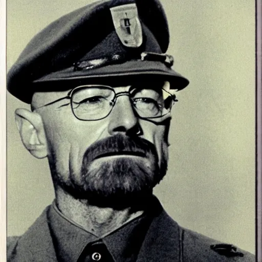 Image similar to Walter white as a soldier in ww2, grainy photo