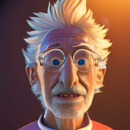 Image similar to portrait of old shaved rick sanchez, lab coat and tee shirt, lens flare, atmosphere, glow, detailed, intricate, full of colour, cinematic lighting, trending on artstation, 4 k, hyperrealistic, focused, extreme details, unreal engine 5, cinematic, masterpiece