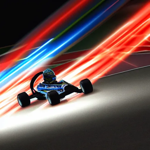 Prompt: go - kart racer taking a corner at speed on a race track, motion blur, laser, smoke, debris, fast movement, artistic angle, light streaks, dark mood, night time, octane render, ultra realistic