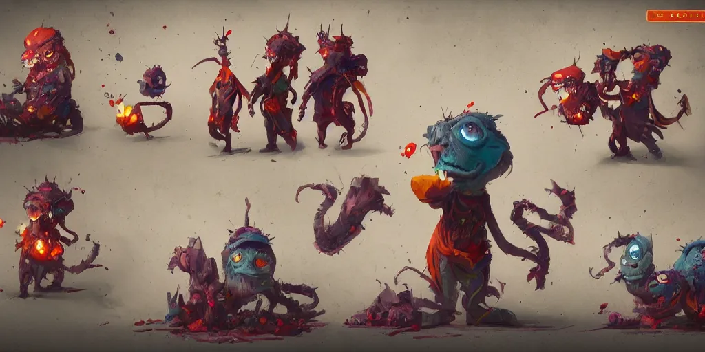 Image similar to evil awkward puppet desig, colorful, character sheet, greg rutkowski, zabrocki, karlkka, jayison devadas, trending on artstation, 8 k, ultra wide angle, zenith view, pincushion lens effect