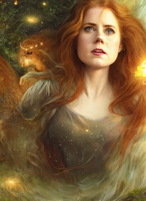 Prompt: Amy Adams staring into the camera, misty wisps, fireflies, Lilia Alvarado, Sophie Anderson, Mark Arian, Bob Byerley, Charlie Bowater, Mark Brooks, Steve Henderson, Justin Gerard, Arthur Hughes, Edward Robert Hughes, Mark Keathley, Victor Nizovtsev, Carlos Shwabe, Ross Tran, WLOP